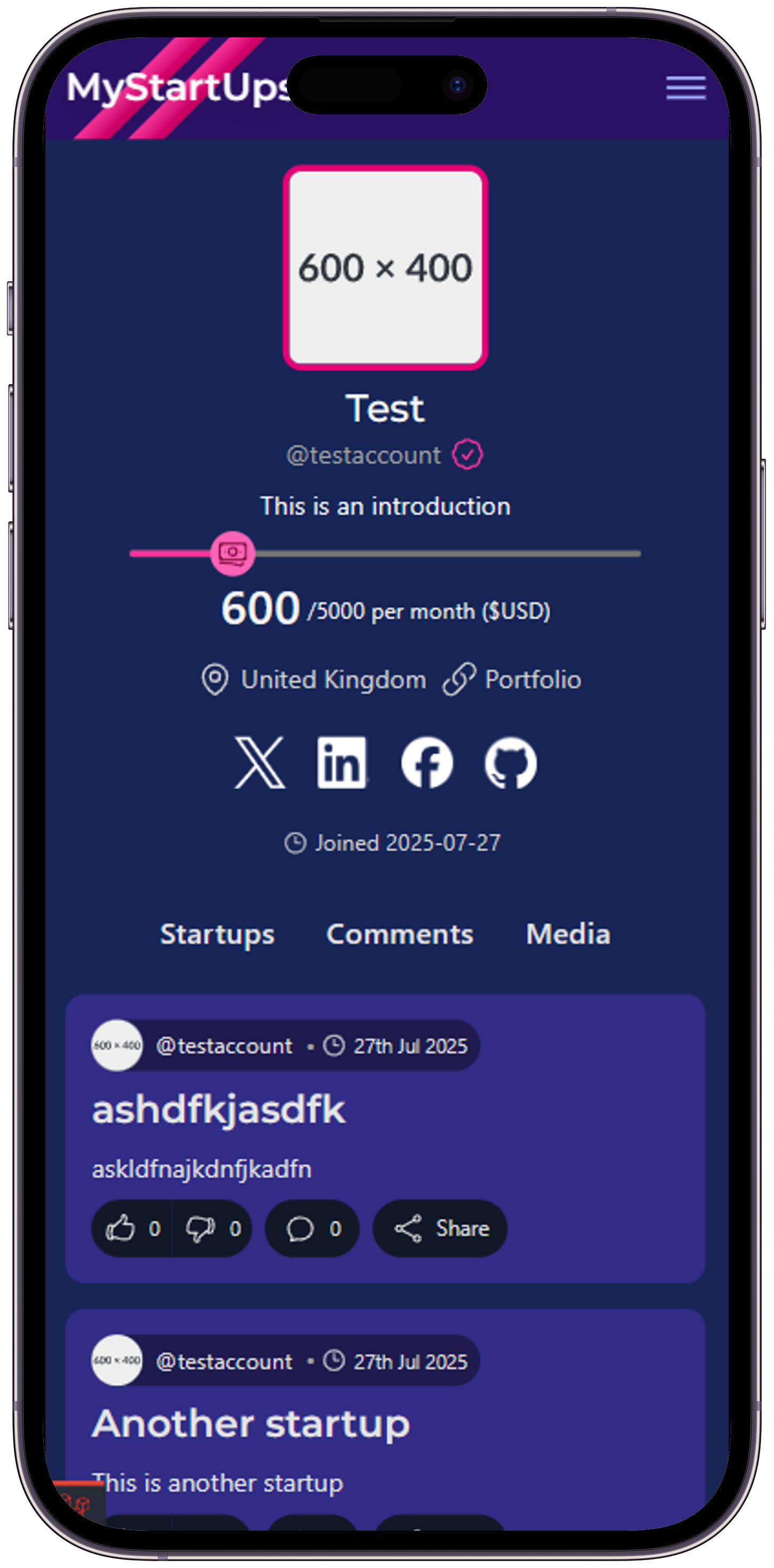 A stylized smartphone displaying the mystartups homepage interface with vibrant colors and modern UI elements, 
          set against a clean background, conveying a sense of innovation and excitement